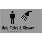 Male toilet and shower sign with Braille, laminated vinyl, 260x150mm, from Style Finish Design Pty Ltd.