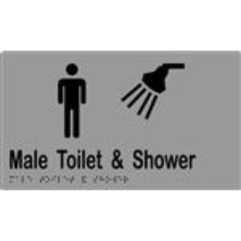 Male Toilet & Shower Sign with Braille, Laminated Vinyl 260x150 Silver Over Black in Silver