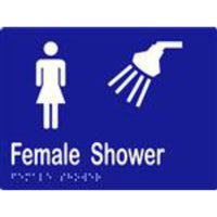 Female Shower Sign with Braille, Laminated Vinyl 200x150 Blue Over White in Blue