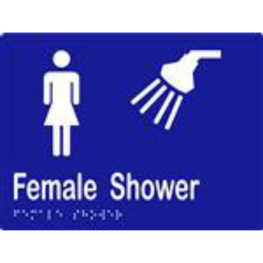 Female Shower Sign with Braille, Laminated Vinyl 200x150 Blue Over White in Blue