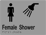 Female Shower Sign with Braille, Laminated Vinyl 200x150 Silver Over Black in Silver