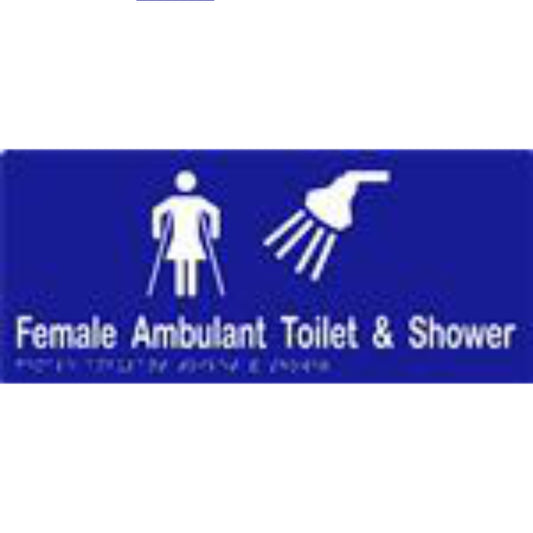 Female Ambulant Toilet & Shower Sign with Braille, Laminated Vinyl 340x150 Blue Over White in Blue