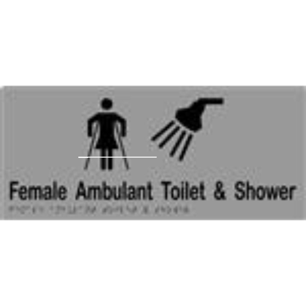Female Ambulant Toilet & Shower Sign with Braille, Laminated Vinyl 340x150 Silver Over Black in Silver