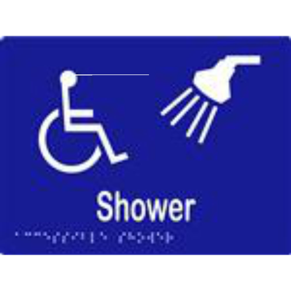 Accessible shower sign with Braille, laminated vinyl, 200x150mm, featuring clear symbols for easy identification.