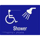 Accessible shower sign with Braille, laminated vinyl, 200x150mm, featuring clear symbols for easy identification.