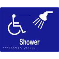 Accessible shower sign with Braille, laminated vinyl, 200x150mm, featuring clear symbols for easy identification.