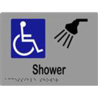 Accessible shower sign with Braille on laminated vinyl, featuring clear symbols and text for easy identification.