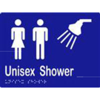 Unisex Shower Sign with Braille, Laminated Vinyl 200x150 Blue Over White in Blue