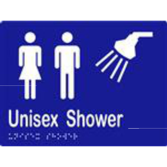 Unisex Shower Sign with Braille, Laminated Vinyl 200x150 Blue Over White in Blue