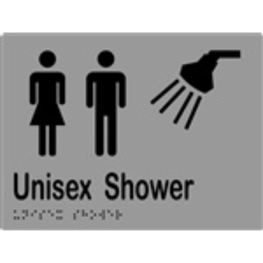 Unisex Shower Sign with Braille, Laminated Vinyl 200x150 Silver Over Black in Silver