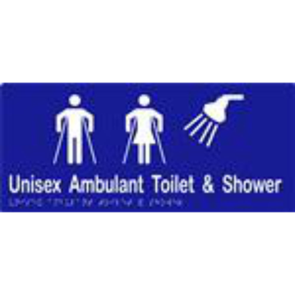 Unisex Ambulant Toilet & Shower Sign with Braille, Laminated Vinyl 340x150 Blue Over White in Blue