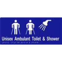 Unisex Ambulant Toilet & Shower Sign with Braille, Laminated Vinyl 340x150 Blue Over White in Blue