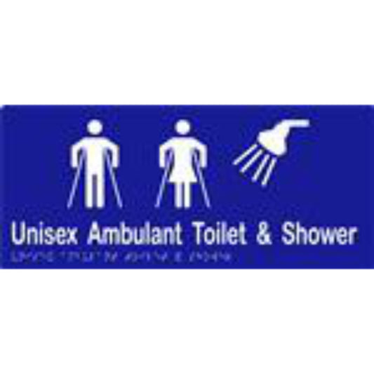 Unisex Ambulant Toilet & Shower Sign with Braille, Laminated Vinyl 340x150 Blue Over White in Blue