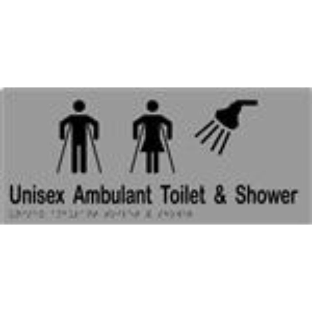 Unisex Ambulant Toilet & Shower Sign with Braille, Laminated Vinyl 340x150 Silver Over Black in Silver