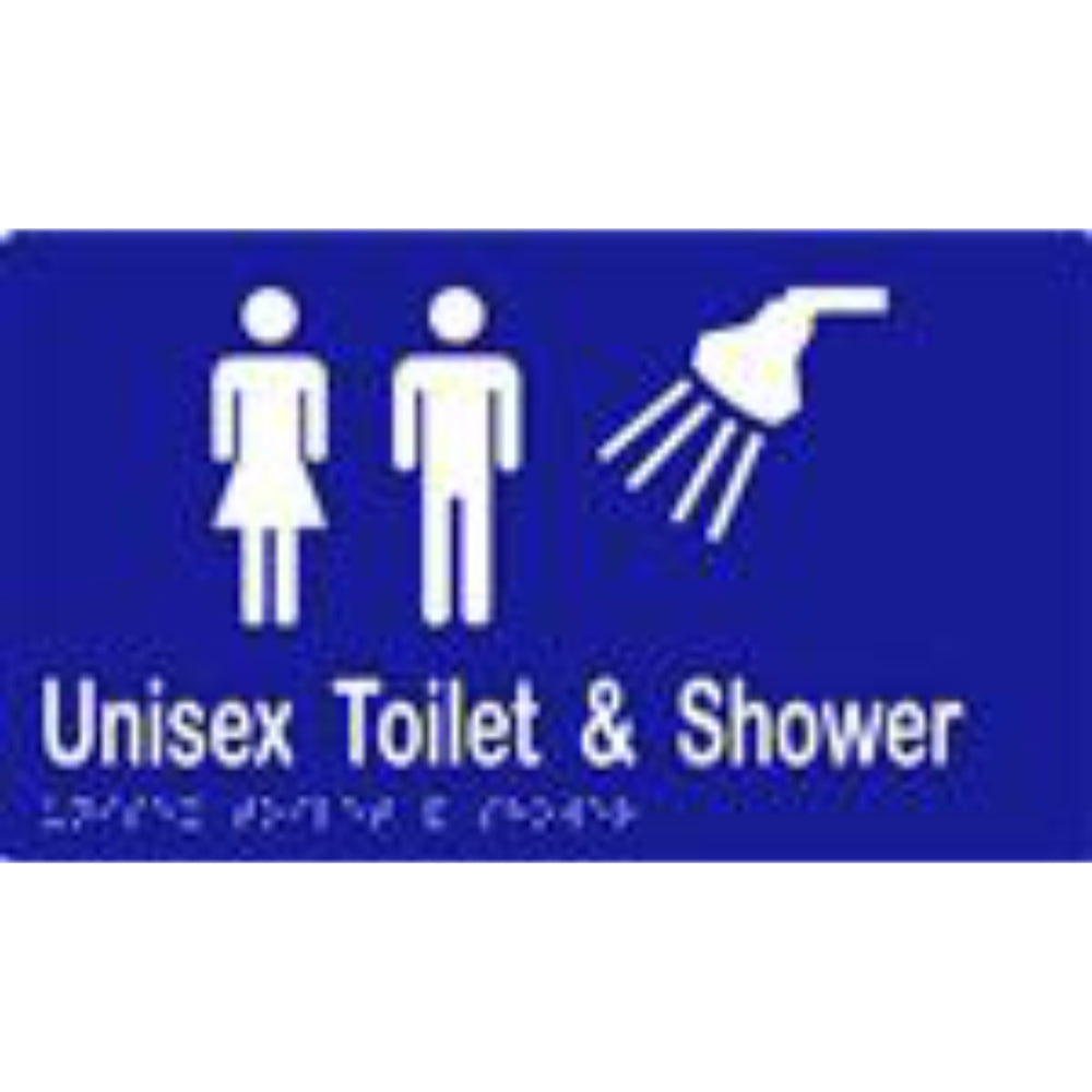 Unisex Toilet & Shower Sign with Braille, Laminated Vinyl 260x150 Blue Over White in Blue