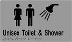 Unisex Toilet & Shower Sign with Braille, Laminated Vinyl 260x150 Silver Over Black in Silver