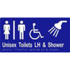 Unisex Accessible Toilets LH & Shower Sign with Braille, Laminated Vinyl 300x150 Blue Over White in Blue