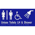 Unisex Accessible Toilets LH & Shower Sign with Braille, Laminated Vinyl 300x150 Blue Over White in Blue
