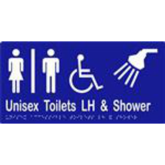 Unisex Accessible Toilets LH & Shower Sign with Braille, Laminated Vinyl 300x150 Blue Over White in Blue