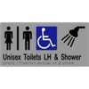 Unisex Accessible Toilets LH & Shower Sign with Braille, Laminated Vinyl 300x150 Silver Over Black in Silver