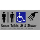 Unisex Accessible Toilets LH & Shower Sign with Braille, Laminated Vinyl 300x150 Silver Over Black in Silver