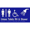 Unisex Accessible Toilets RH & Shower Sign with Braille, Laminated Vinyl 300x150 Blue Over White in Blue