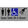 Unisex Accessible Toilets RH & Shower Sign with Braille, Laminated Vinyl 300x150 Silver Over Black in Silver
