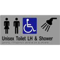 Unisex Accessible Toilet LH & Shower Sign with Braille, Laminated Vinyl 300x150 Silver Over Black in Silver