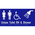 Unisex Accessible Toilet RH & Shower Sign with Braille, Laminated Vinyl 300x150 Blue Over White in Blue
