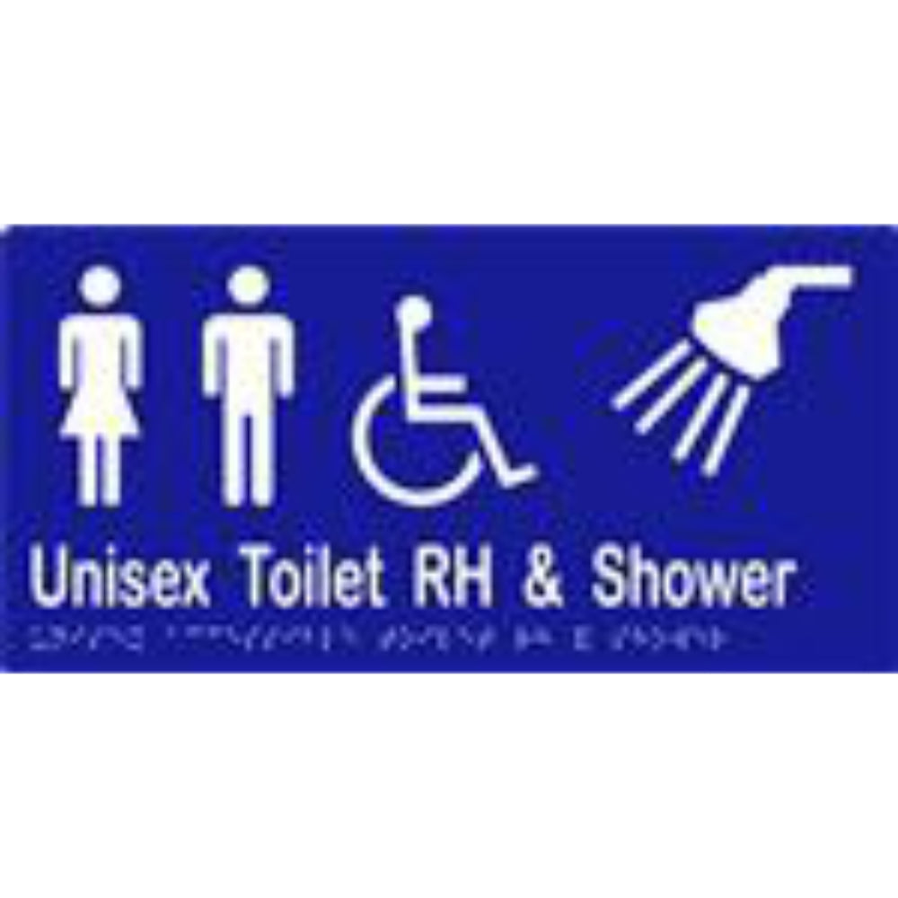 Unisex Accessible Toilet RH & Shower Sign with Braille, Laminated Vinyl 300x150 Blue Over White in Blue