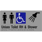 Unisex Accessible Toilet RH & Shower Sign with Braille, Laminated Vinyl 300x150 Silver Over Black in Silver