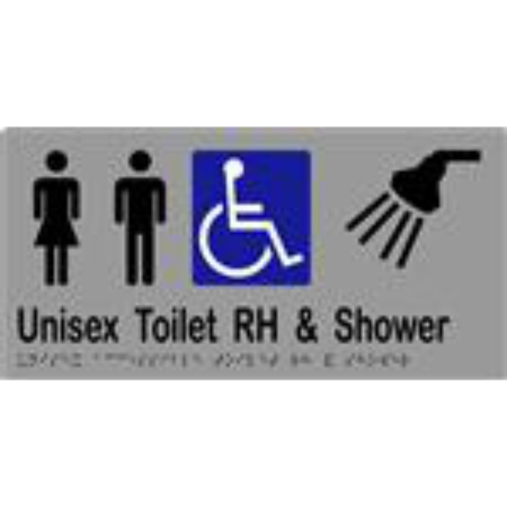 Unisex Accessible Toilet RH & Shower Sign with Braille, Laminated Vinyl 300x150 Silver Over Black in Silver