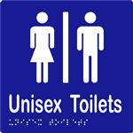 Unisex Toilets Sign with Braille, Laminated Vinyl 150x150 Blue Over White in Blue