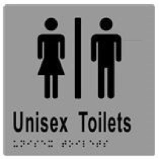 Unisex Toilets Sign with Braille, Laminated Vinyl 150x150 Silver Over Black in Silver