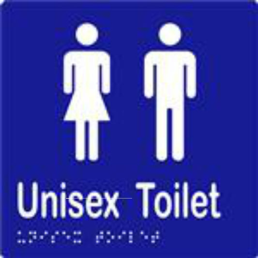 Unisex Toilet Sign with Braille, Laminated Vinyl 150x150 Blue Over White in Blue