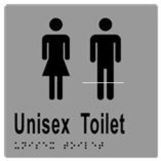 Unisex Toilet Sign with Braille, Laminated Vinyl 150x150 Silver Over Black in Silver