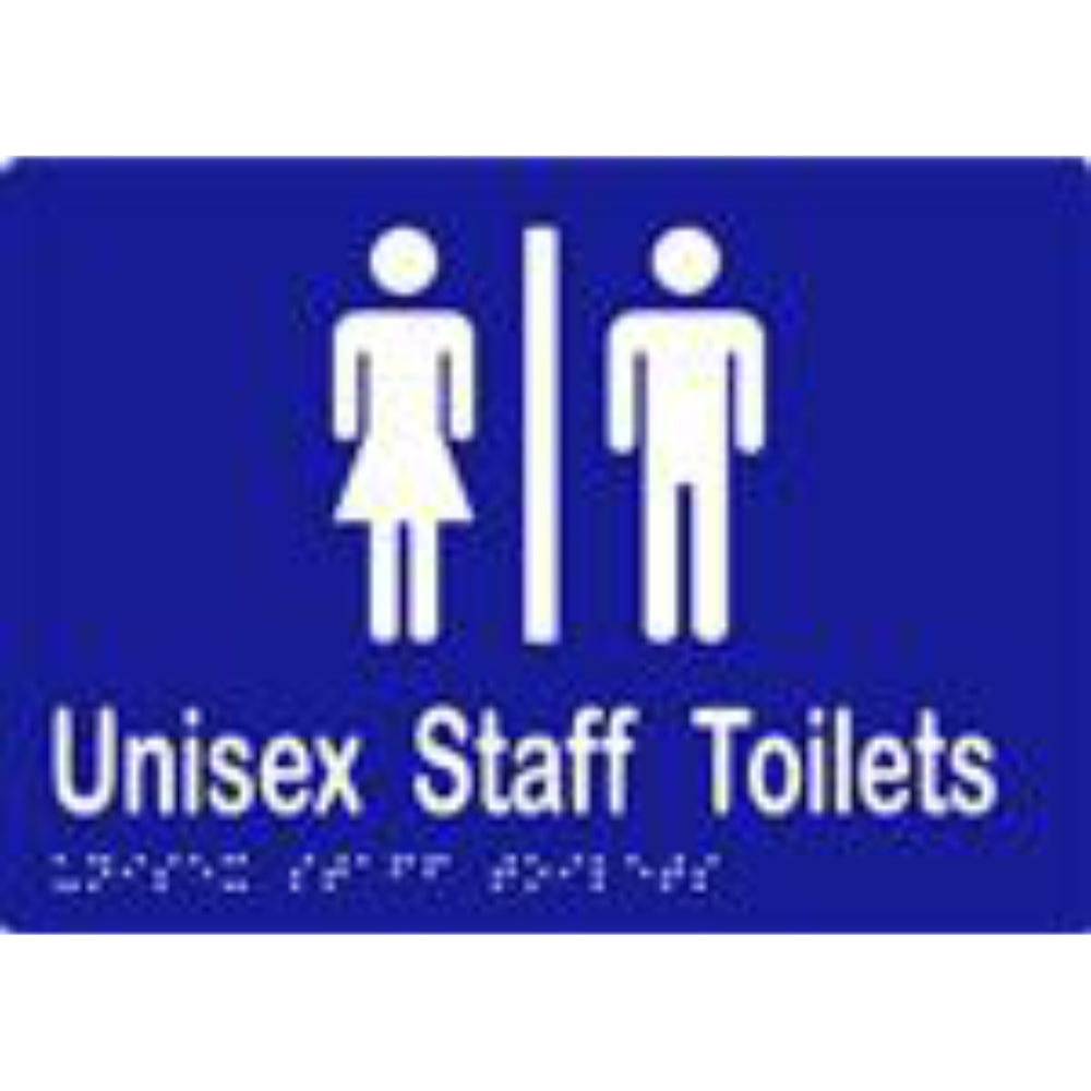Unisex Staff Toilets Sign with Braille, Laminated Vinyl 210x150 Blue Over White in Blue