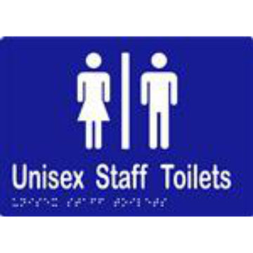 Unisex Staff Toilets Sign with Braille, Laminated Vinyl 210x150 Blue Over White in Blue