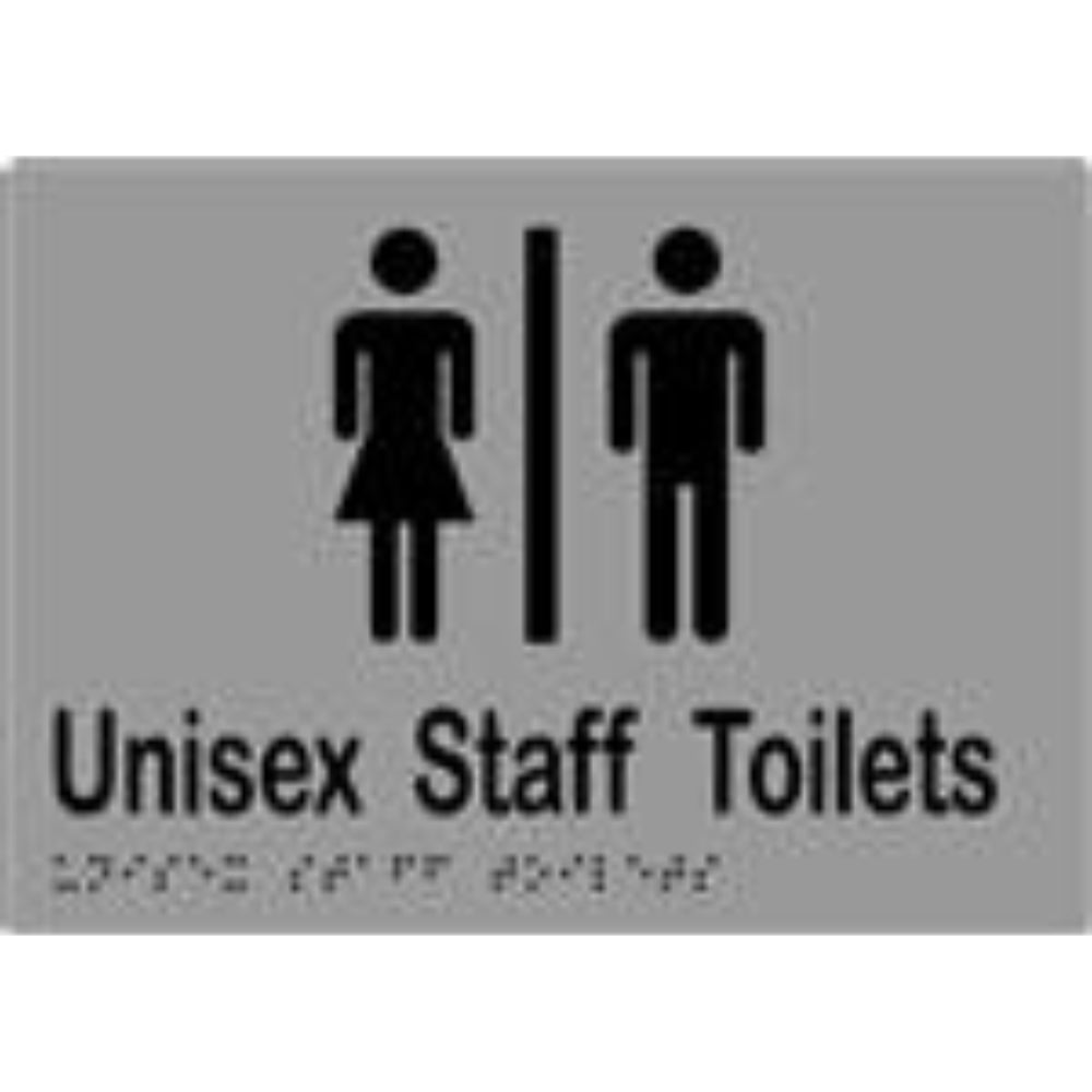 Unisex Staff Toilets Sign with Braille, Laminated Vinyl 210x150 Silver Over Black in Silver