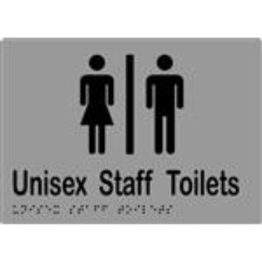 Unisex Staff Toilets Sign with Braille, Laminated Vinyl 210x150 Silver Over Black in Silver