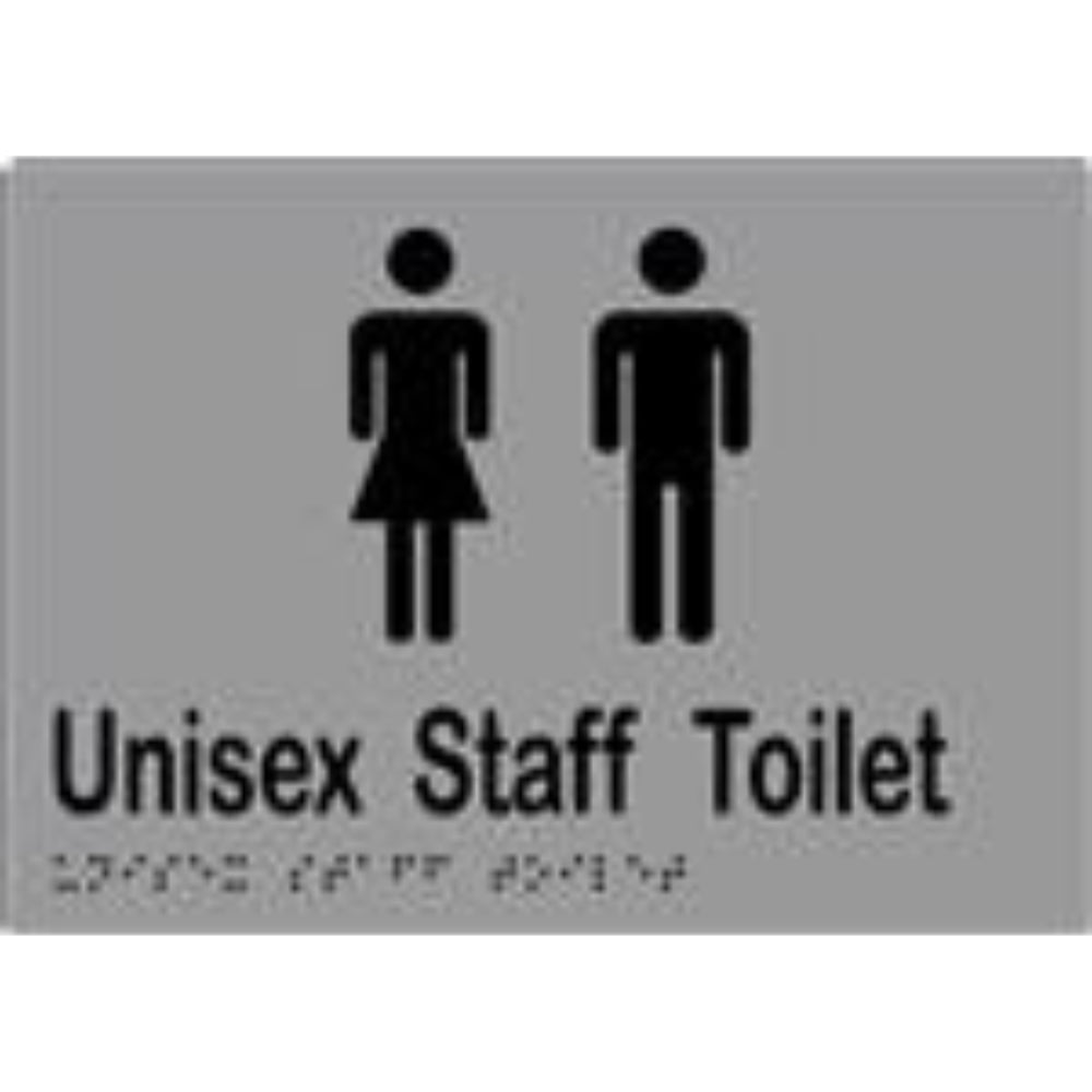 Unisex Staff Toilet Sign with Braille, Laminated Vinyl 210x150 Silver Over Black in Silver