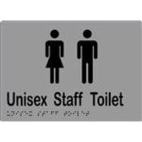 Unisex Staff Toilet Sign with Braille, Laminated Vinyl 210x150 Silver Over Black in Silver