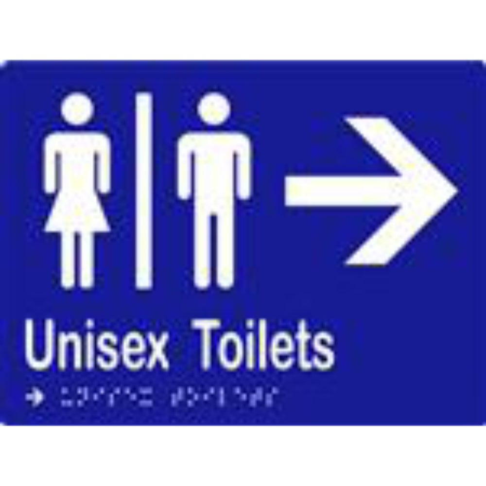 Unisex Toilets & Arrow Sign with Braille, Laminated Vinyl 200x150 Blue Over White in Blue