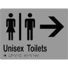 Unisex Toilets & Arrow Sign with Braille, Laminated Vinyl 200x150 Silver Over Black in Silver