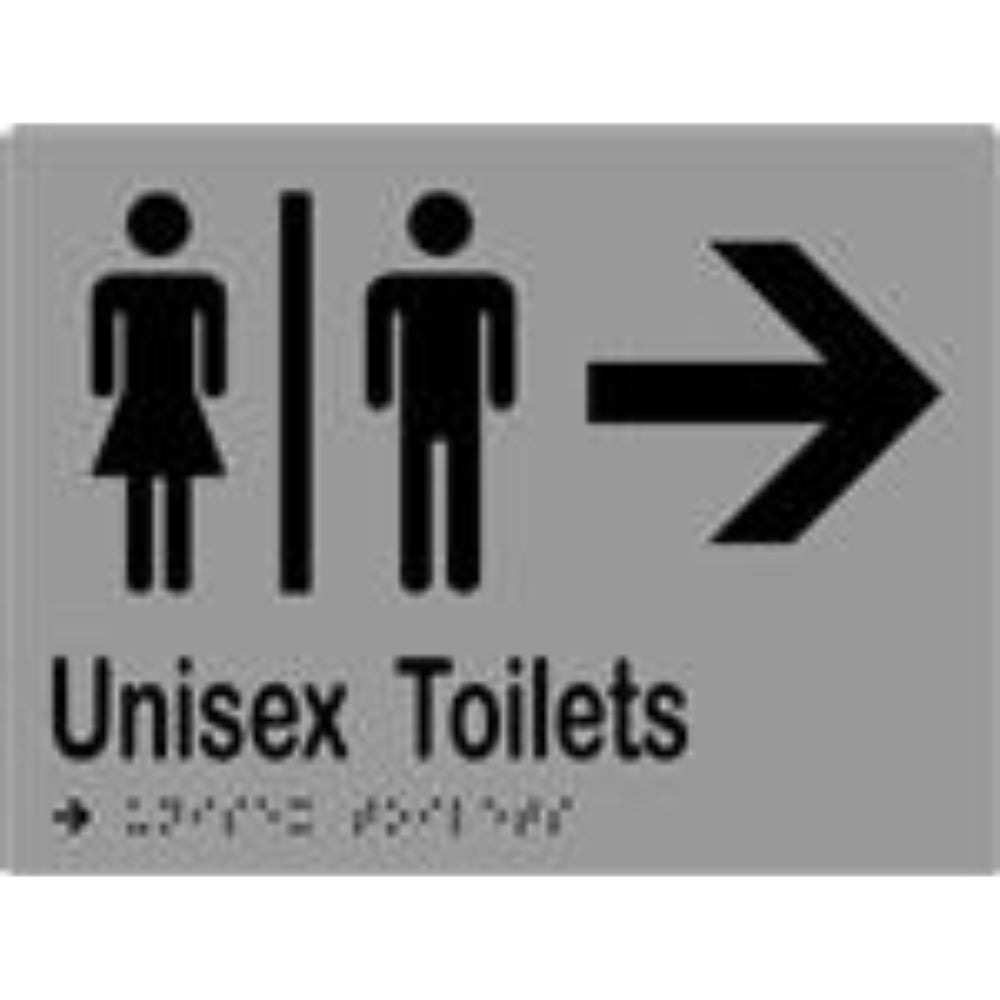Unisex Toilets & Arrow Sign with Braille, Laminated Vinyl 200x150 Silver Over Black in Silver