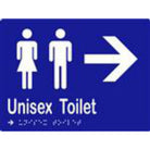 Unisex Toilet & Arrow Sign with Braille, Laminated Vinyl 200x150 Blue Over White in Blue