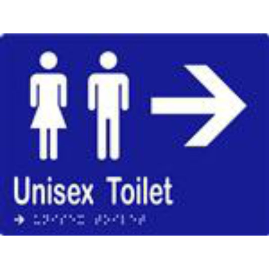 Unisex Toilet & Arrow Sign with Braille, Laminated Vinyl 200x150 Blue Over White in Blue