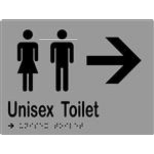 Unisex Toilet & Arrow Sign with Braille, Laminated Vinyl 200x150 Silver Over Black in Silver