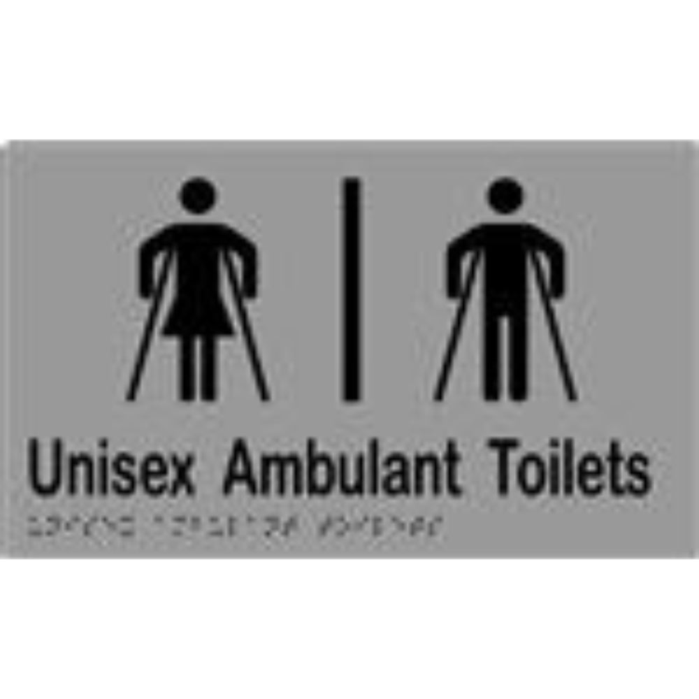Unisex Ambulant Toilets Sign with Braille, Laminated Vinyl 250x150 Silver Over Black in Silver