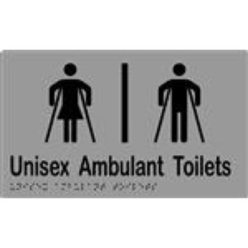 Unisex Ambulant Toilets Sign with Braille, Laminated Vinyl 250x150 Silver Over Black in Silver